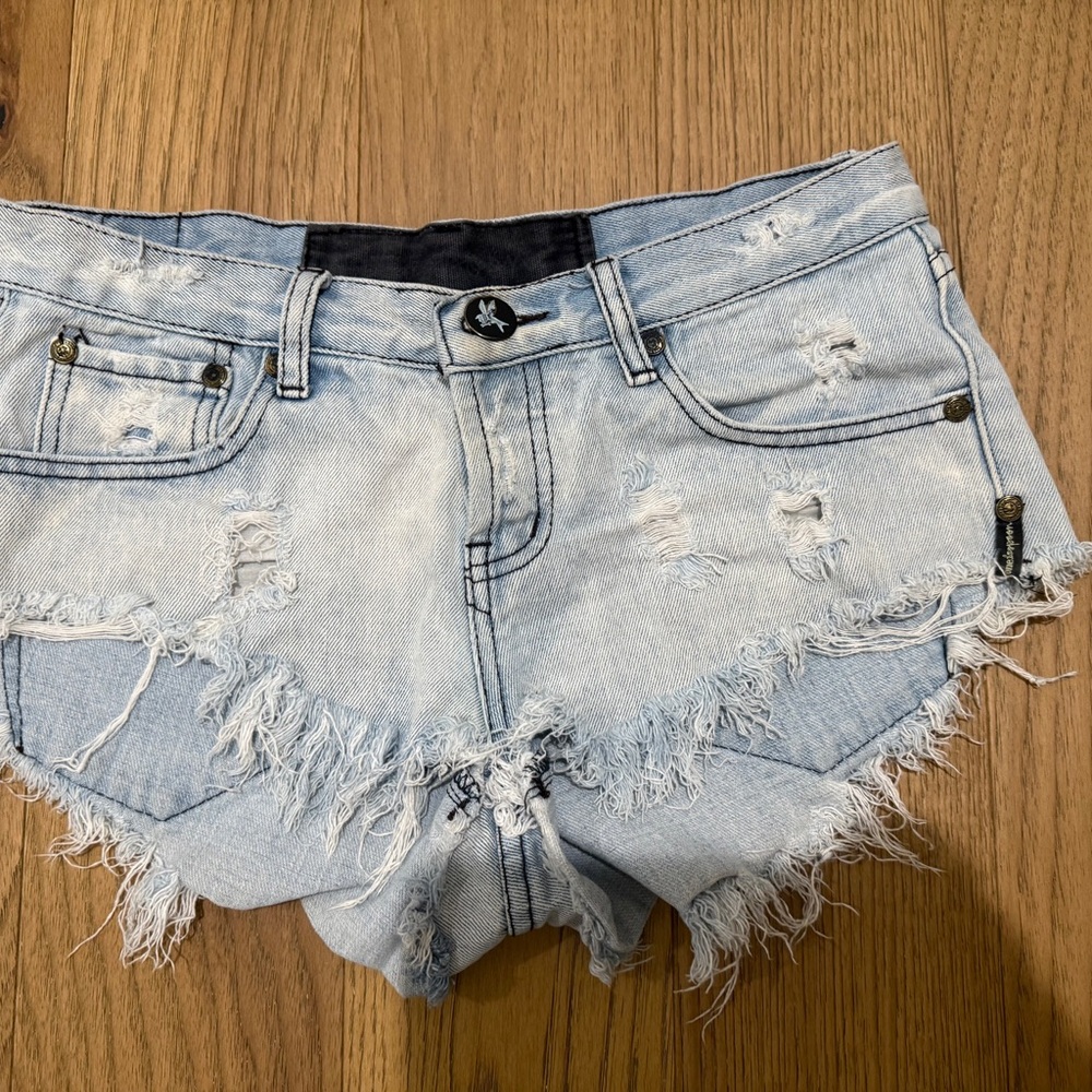 One Teaspoon Distressed Light Blue Denim Shorts